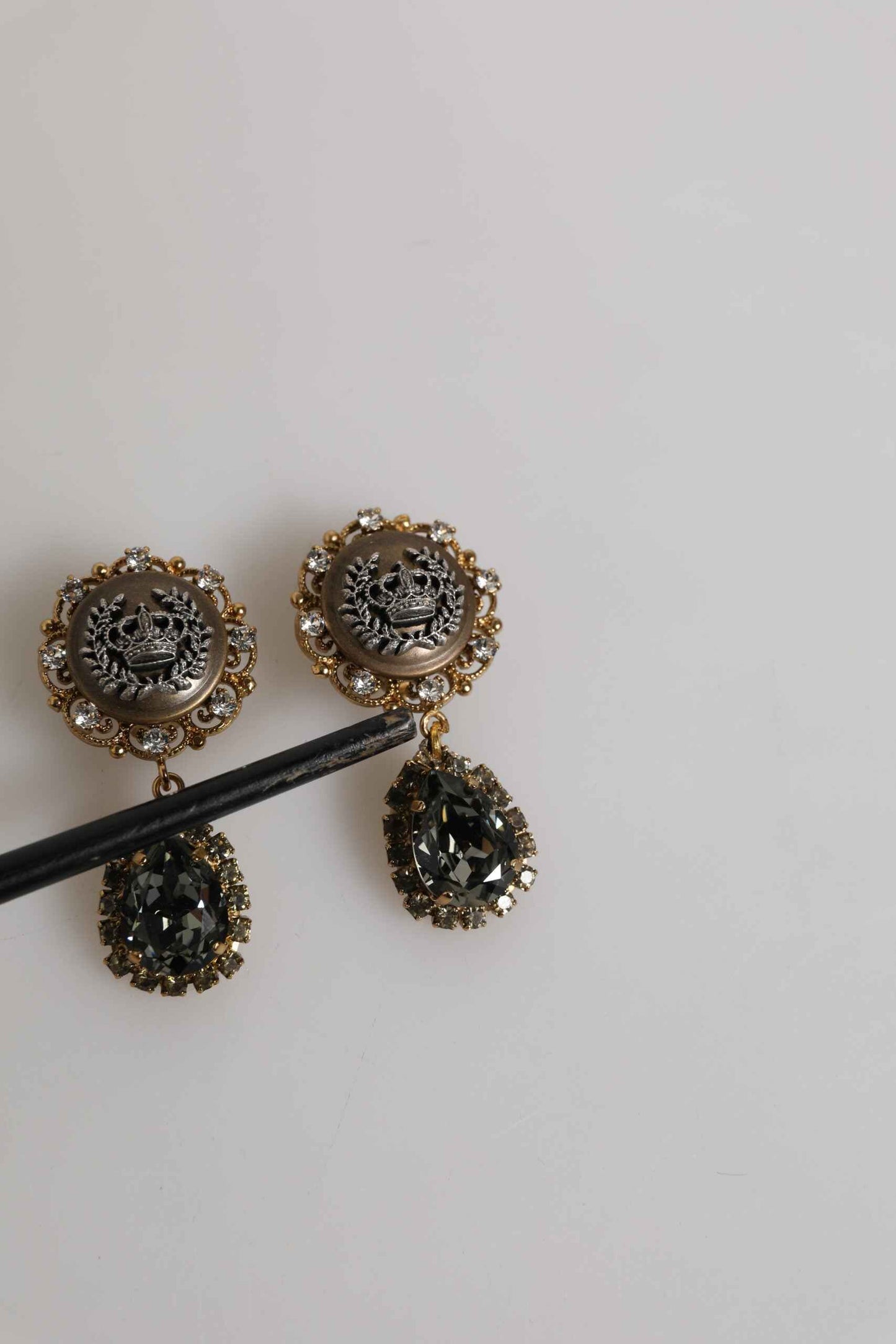 Dolce & Gabbana Gold Brass Crown Medallion Black Crystal Drop Clip On Earrings by Dolce & Gabbana