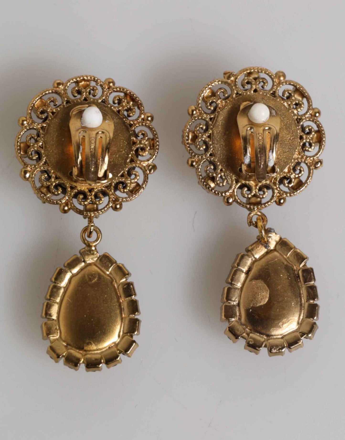 Dolce & Gabbana Gold Brass Crown Medallion Black Crystal Drop Clip On Earrings by Dolce & Gabbana