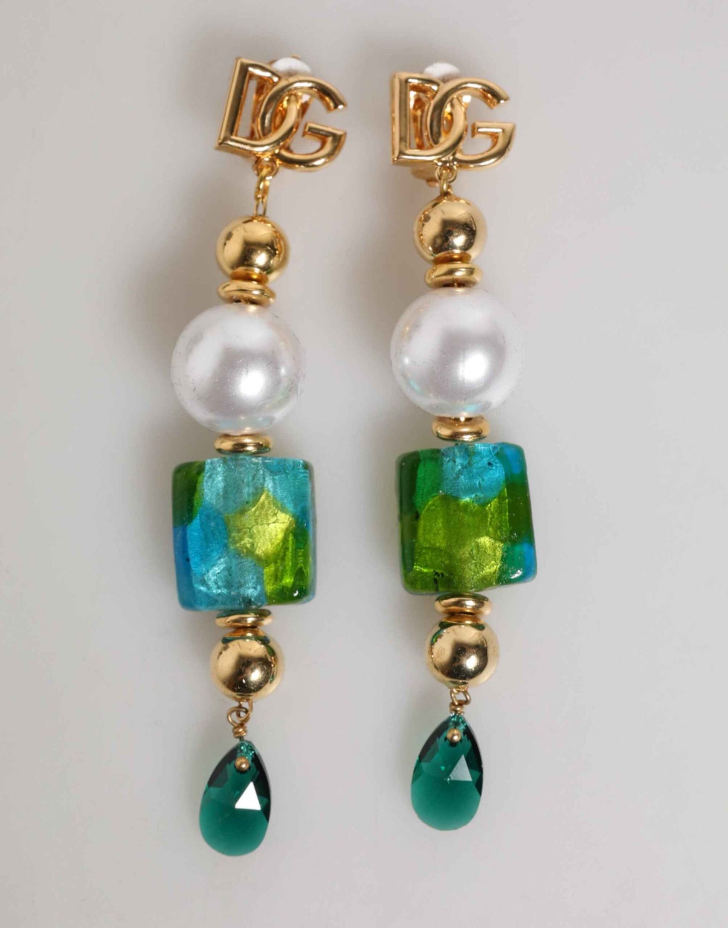 Dolce & Gabbana Gold Brass Multicolour Pearl Green Blue Drop Logo DG Earrings by Dolce & Gabbana