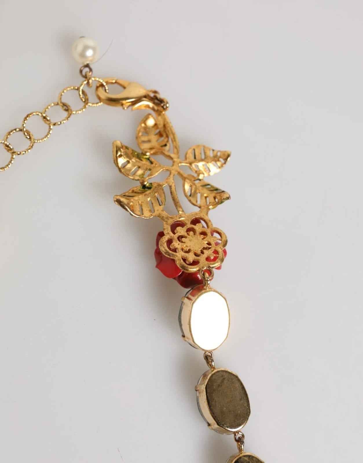Dolce & Gabbana Red Rose Green Crystal Gold-Tone Chain Necklace