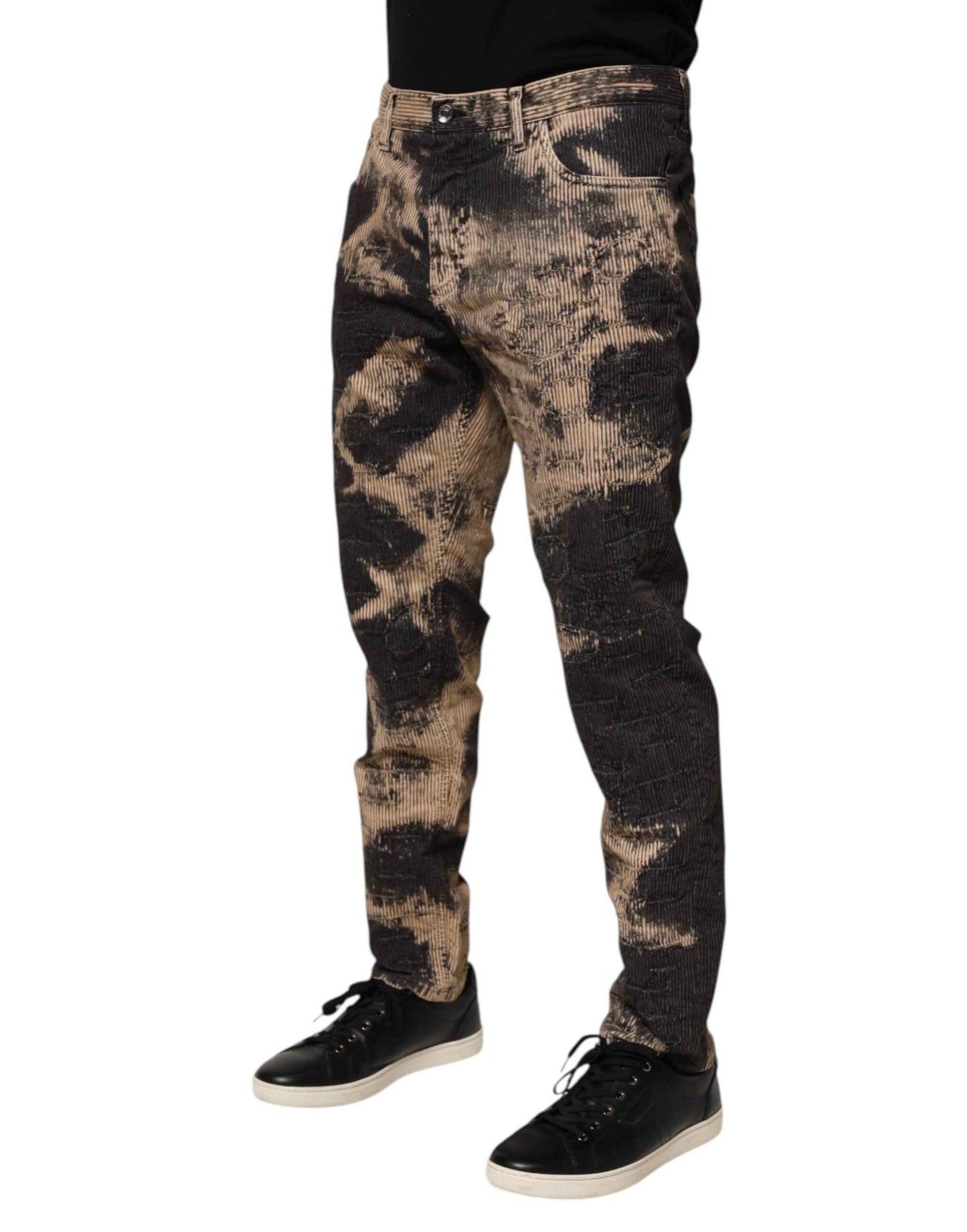 Dolce & Gabbana Beige Black Corduroy Tie-Dye Cotton Blend Pants by Dolce & Gabbana