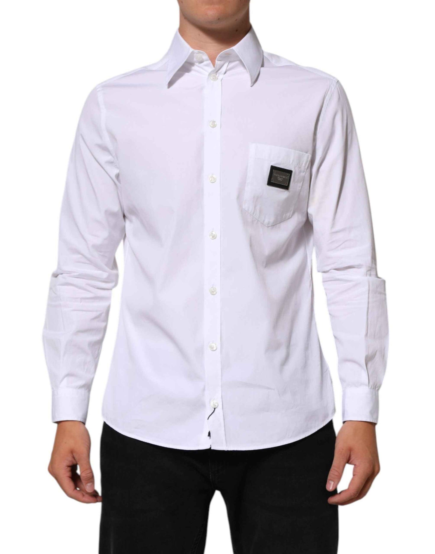 Dolce & Gabbana White Logo Plaque Collared Formal Dress Shirt by Dolce & Gabbana