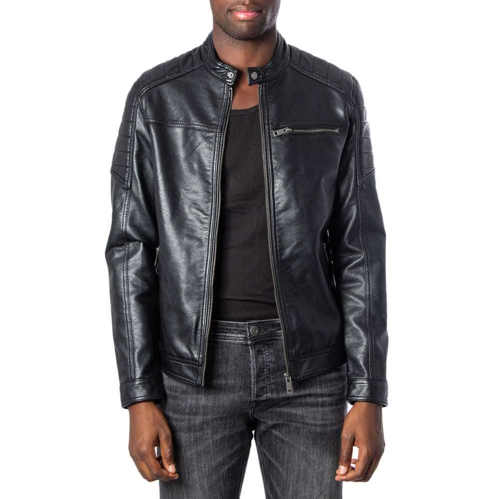 Jack Jones Black Artificial Leather Jackets & Coat