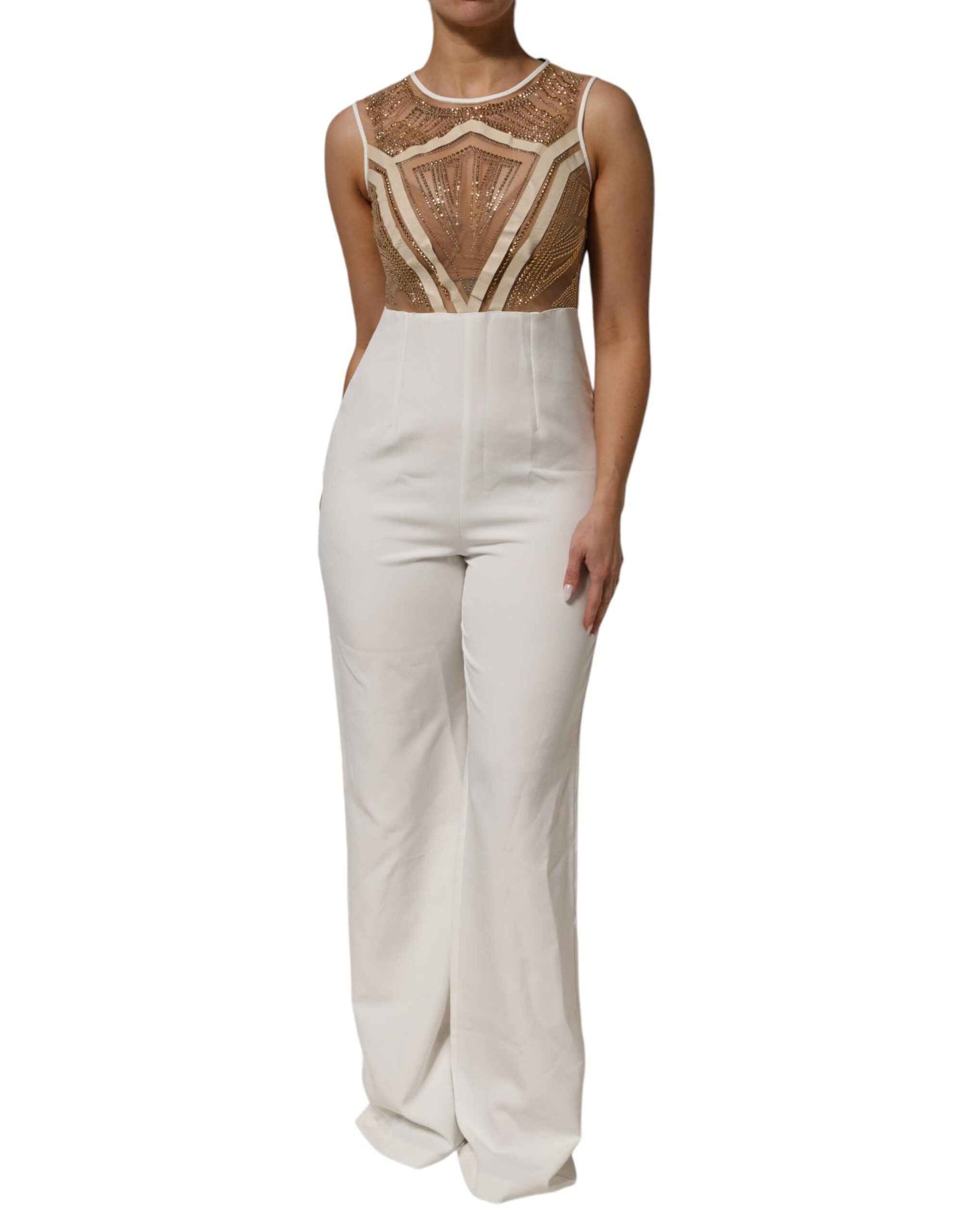Mangano Jumpsuit Met Mesh en Kristal Mouwloze Beige Wit