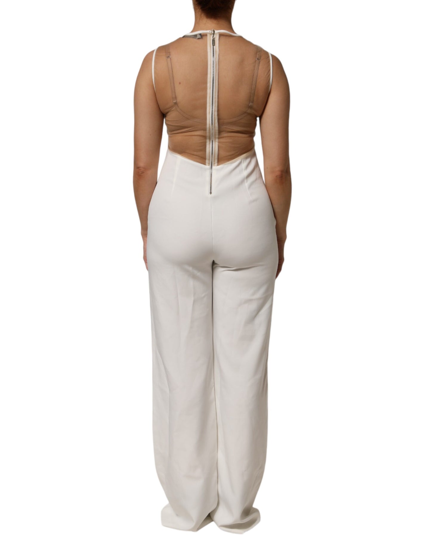 Mangano Jumpsuit Met Mesh en Kristal Mouwloze Beige Wit