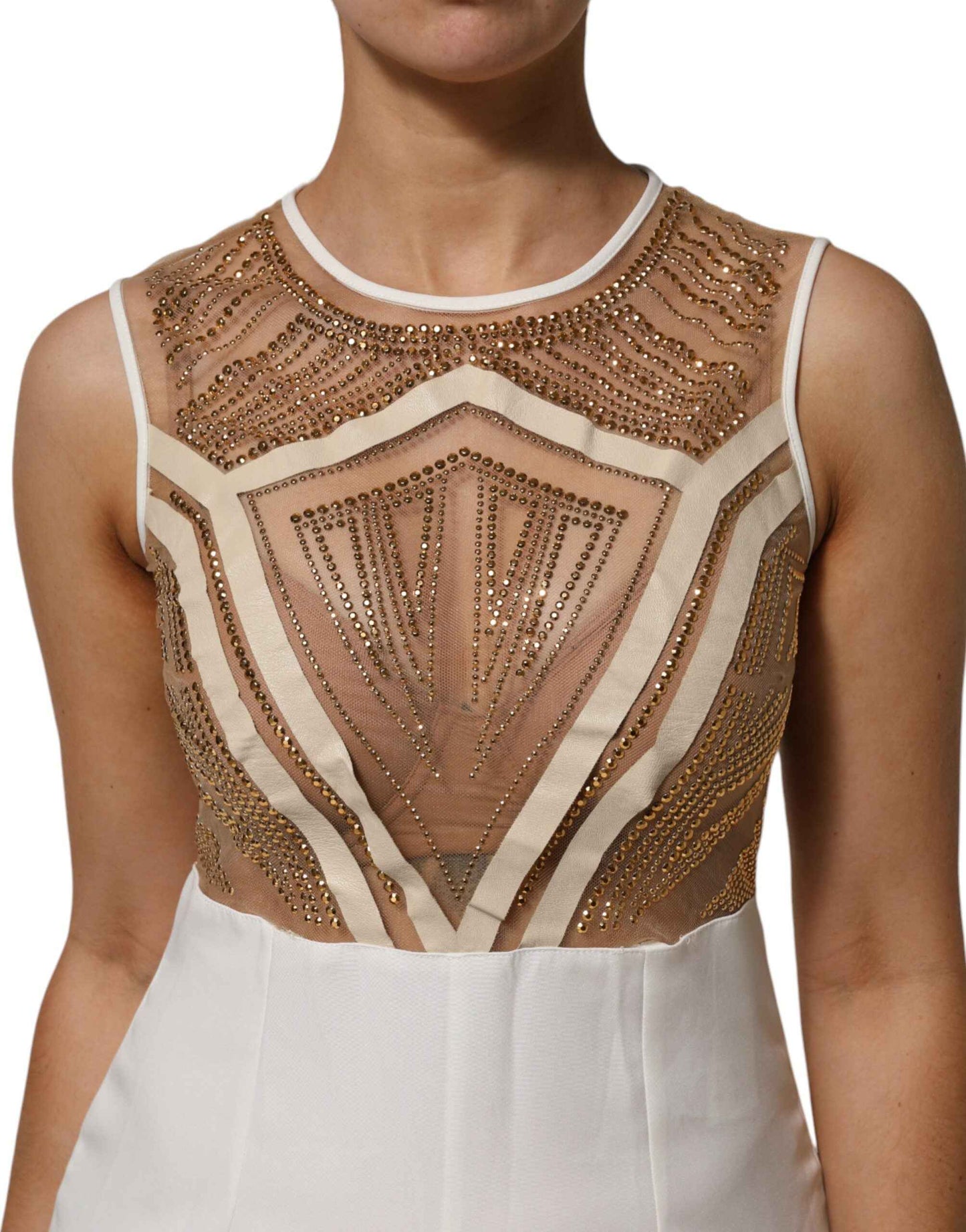 Mangano Jumpsuit Met Mesh en Kristal Mouwloze Beige Wit