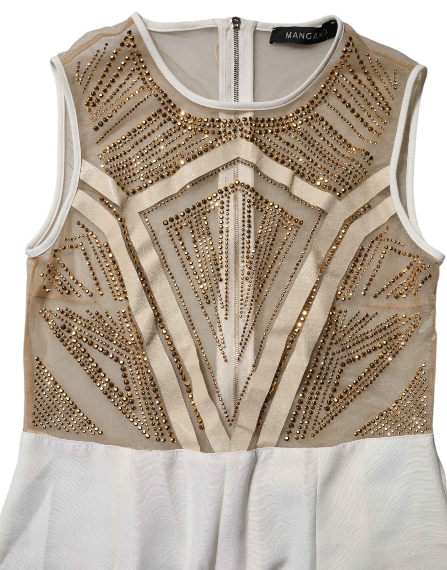 Mangano Jumpsuit Met Mesh en Kristal Mouwloze Beige Wit