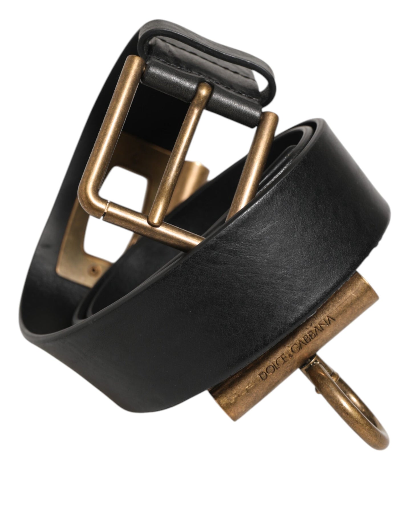 Dolce Gabbana Leren Riem Zwart Antiek Brons Gesp Zijringen