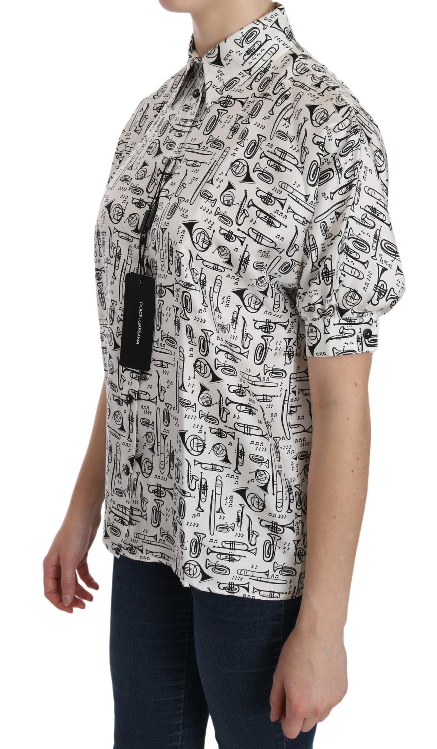Dolce &amp; Gabbana White Musical Instrument Collared Blouse Shirt