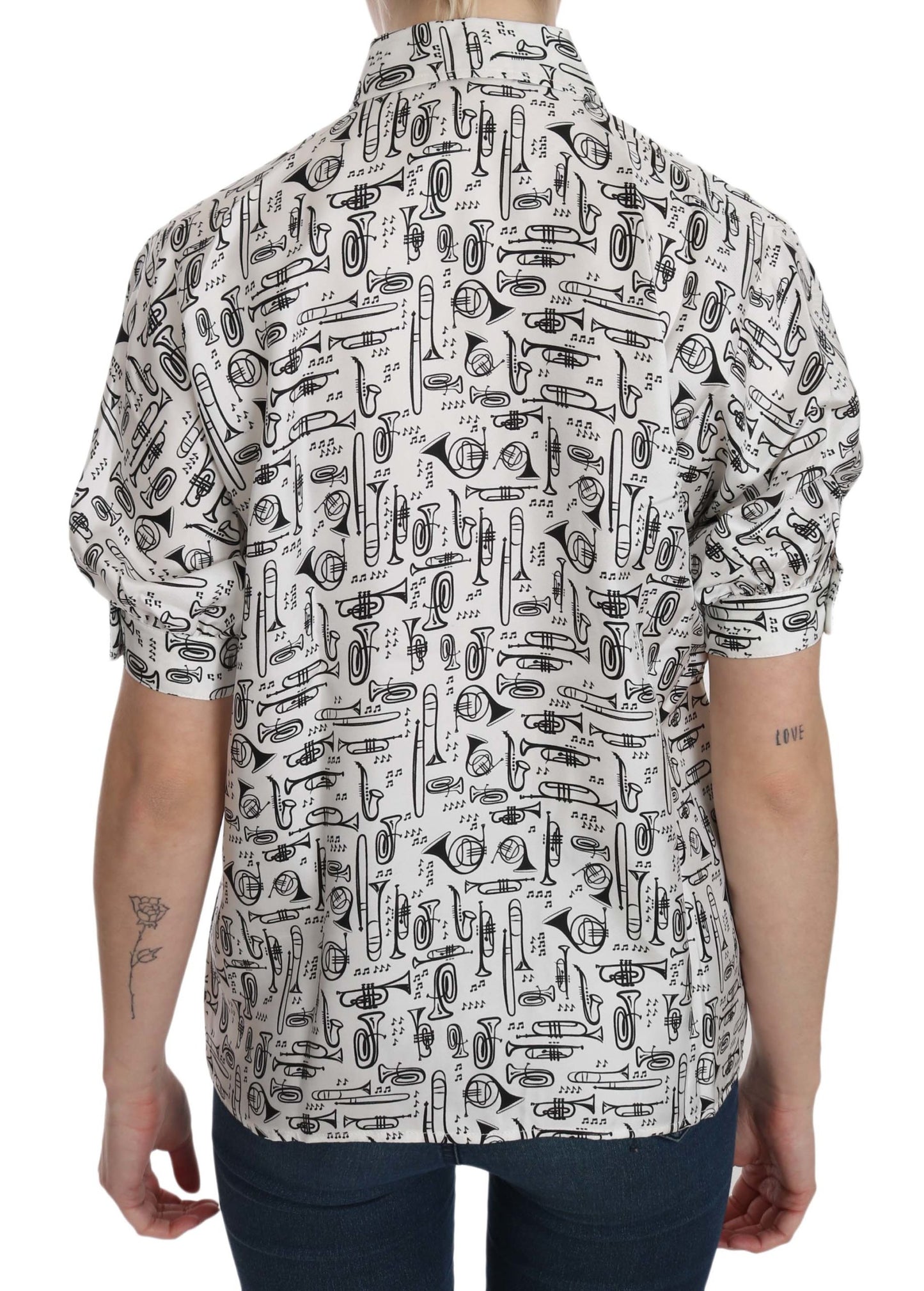 Dolce &amp; Gabbana White Musical Instrument Collared Blouse Shirt