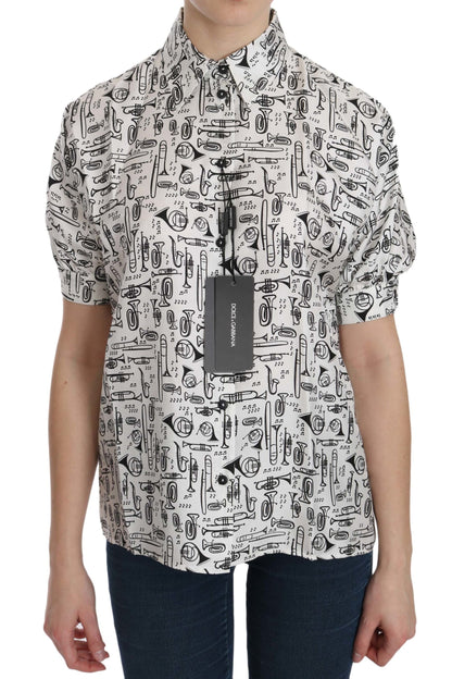 Dolce &amp; Gabbana White Musical Instrument Collared Blouse Shirt