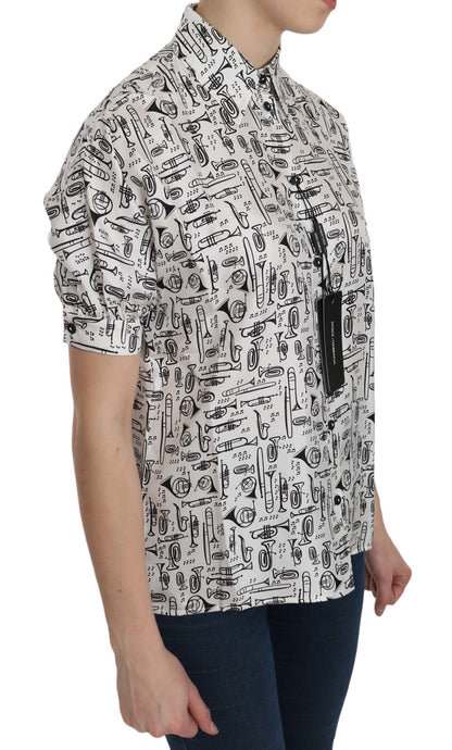 Dolce &amp; Gabbana White Musical Instrument Collared Blouse Shirt