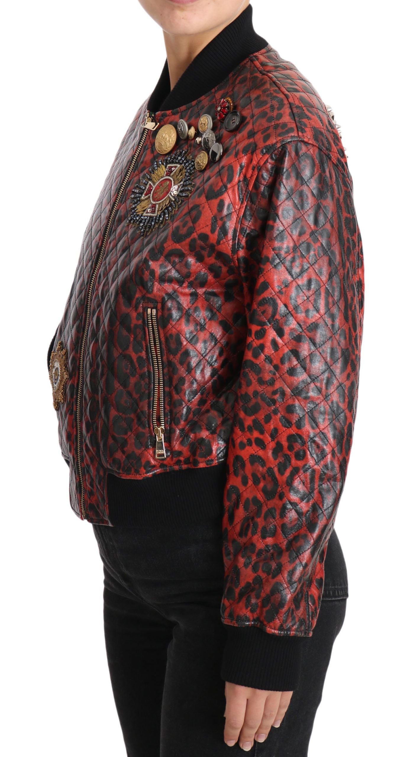 Dolce &amp; Gabbana Blouson Bomber en Cuir Rouge Léopard avec Boutons en Cristal