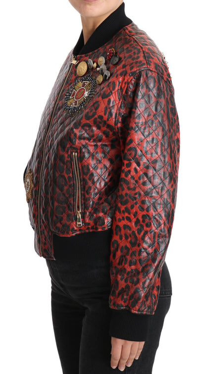 Dolce &amp; Gabbana Blouson Bomber en Cuir Rouge Léopard avec Boutons en Cristal