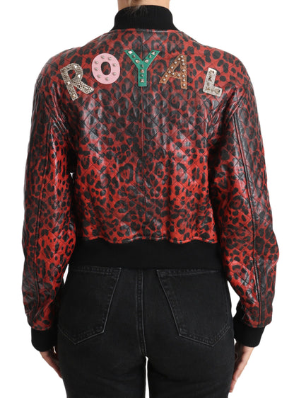 Dolce &amp; Gabbana Blouson Bomber en Cuir Rouge Léopard avec Boutons en Cristal