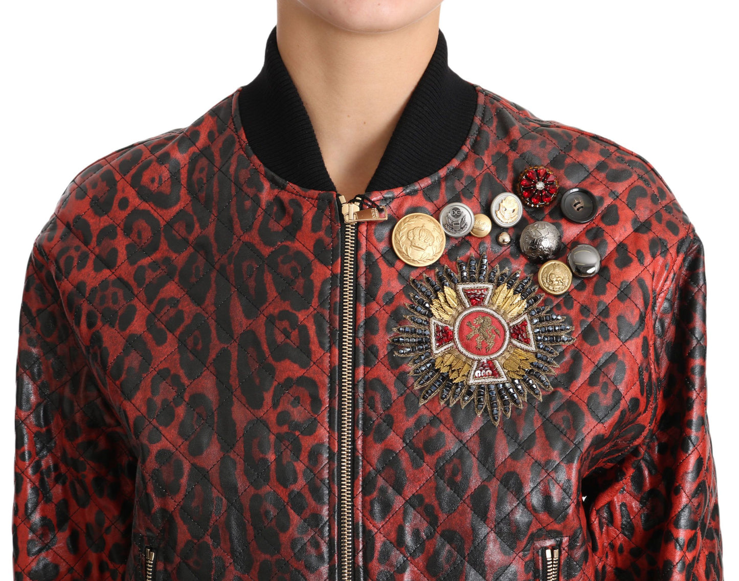 Dolce &amp; Gabbana Blouson Bomber en Cuir Rouge Léopard avec Boutons en Cristal