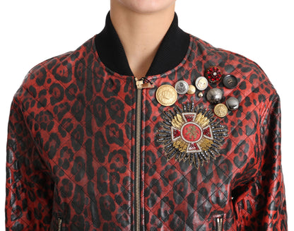 Dolce &amp; Gabbana Blouson Bomber en Cuir Rouge Léopard avec Boutons en Cristal