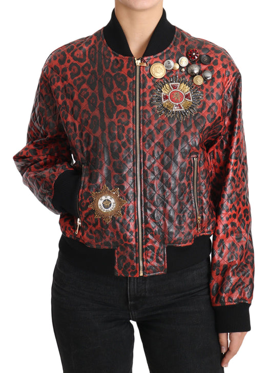 Dolce &amp; Gabbana Blouson Bomber en Cuir Rouge Léopard avec Boutons en Cristal