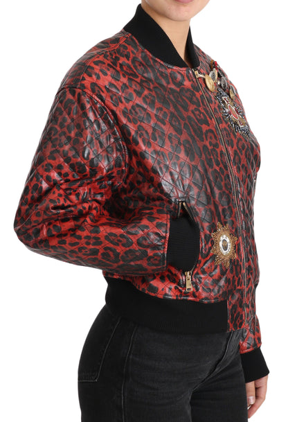 Dolce &amp; Gabbana Blouson Bomber en Cuir Rouge Léopard avec Boutons en Cristal