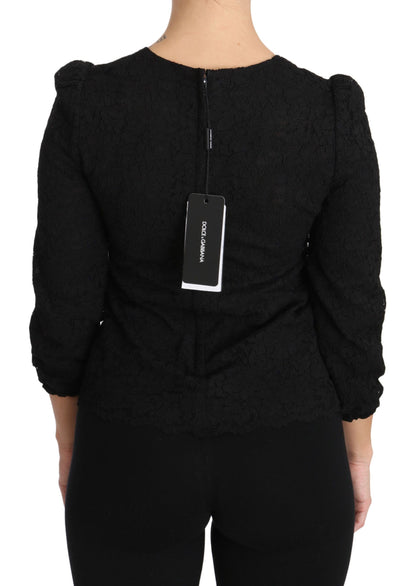 Dolce &amp; Gabbana Élégant chemisier noir à fleurs et col ras du cou