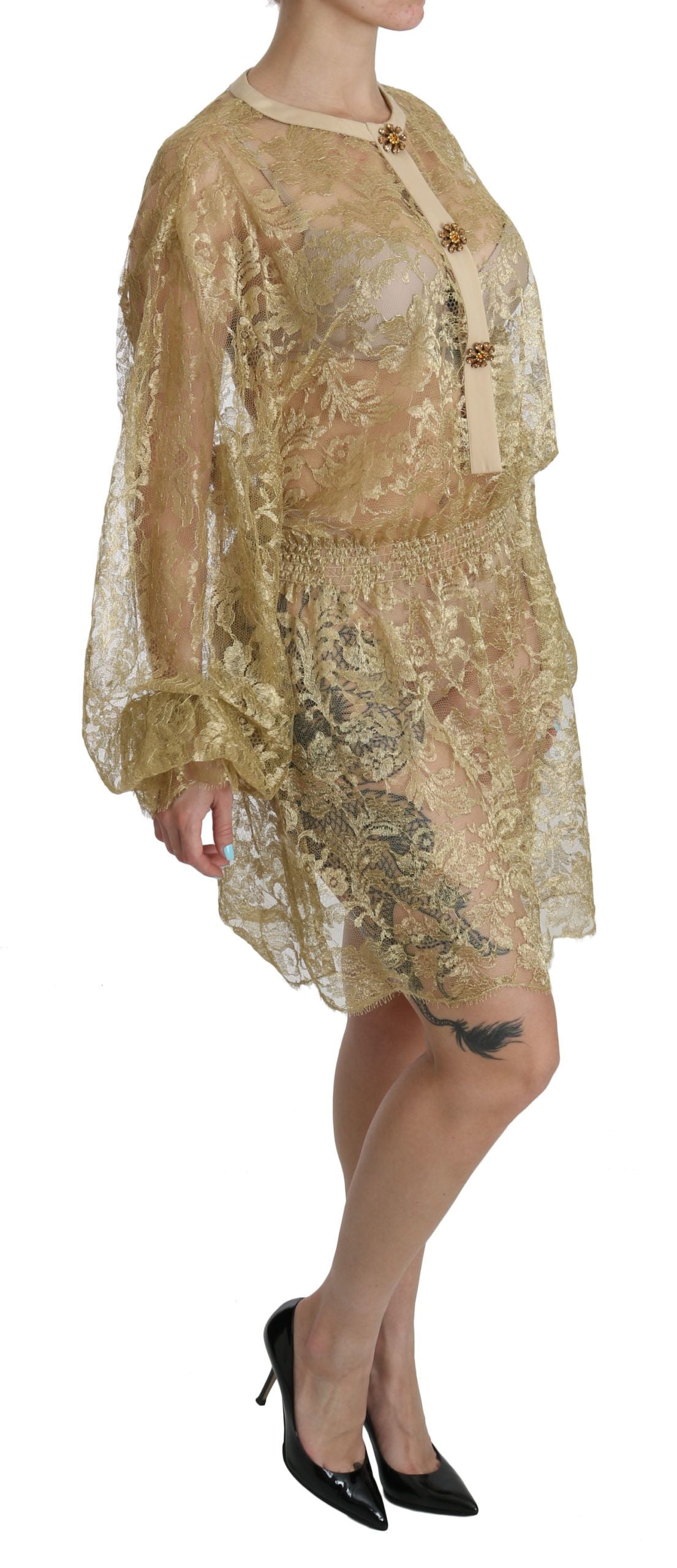 Dolce &amp; Gabbana Gold Lace See Through A-Line Knee Length Dress