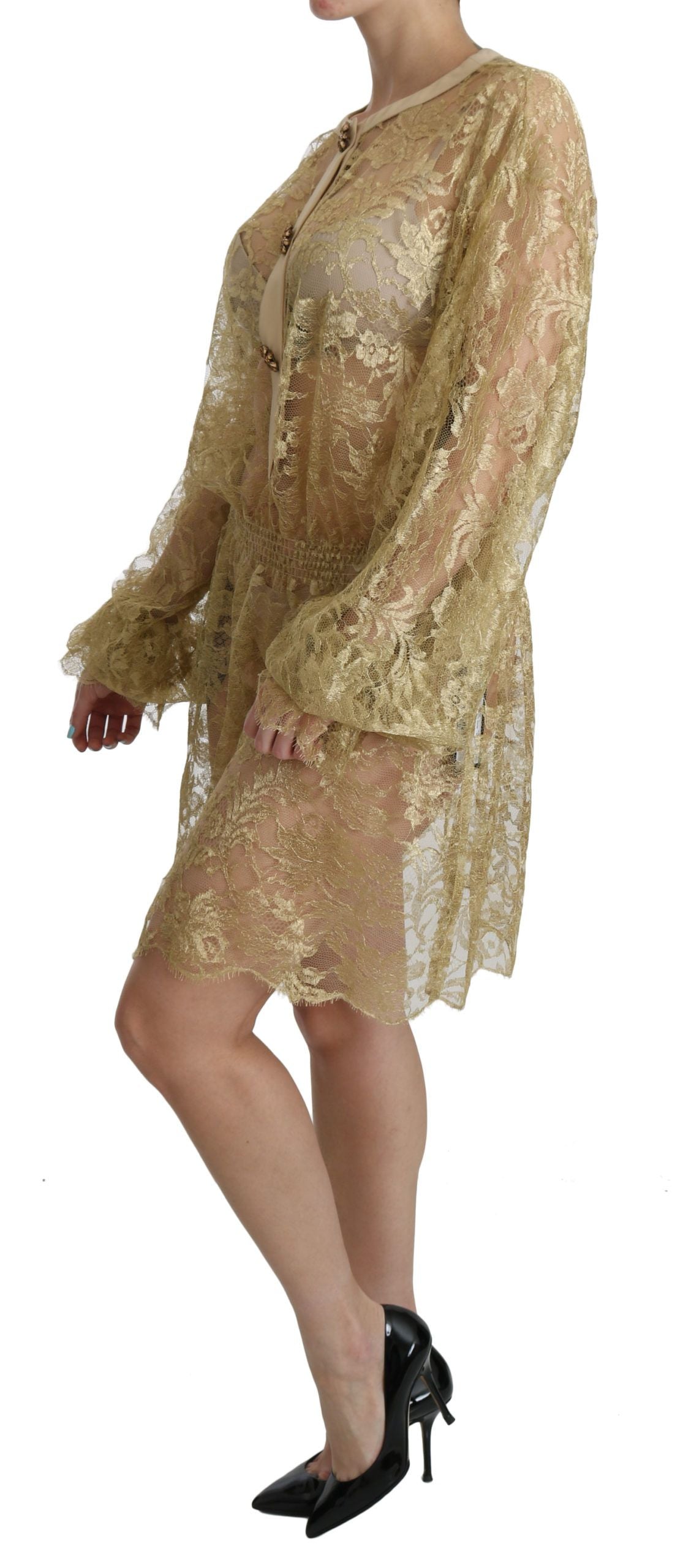 Dolce &amp; Gabbana Gold Lace See Through A-Line Knee Length Dress