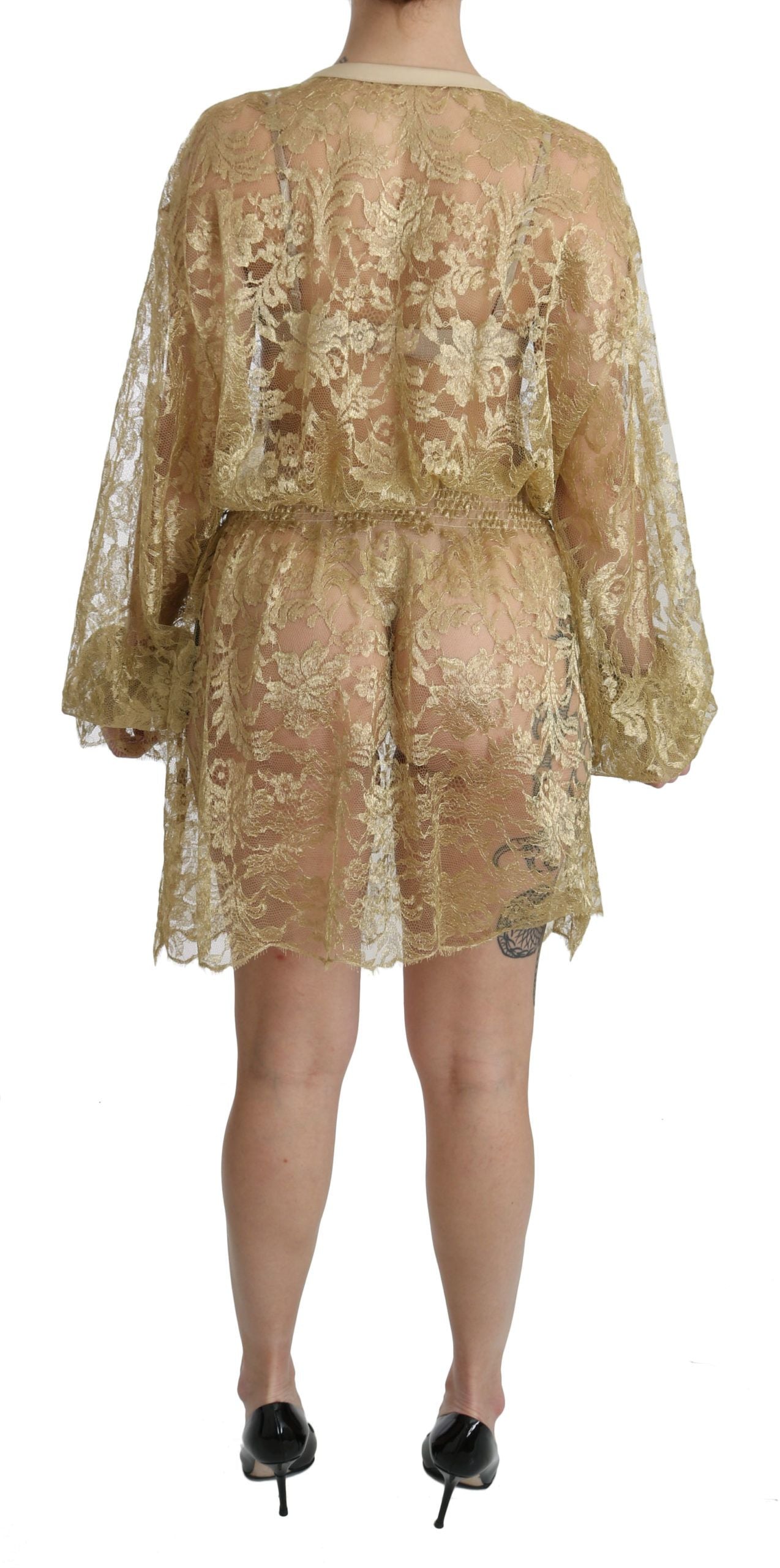 Dolce &amp; Gabbana Gold Lace See Through A-Line Knee Length Dress
