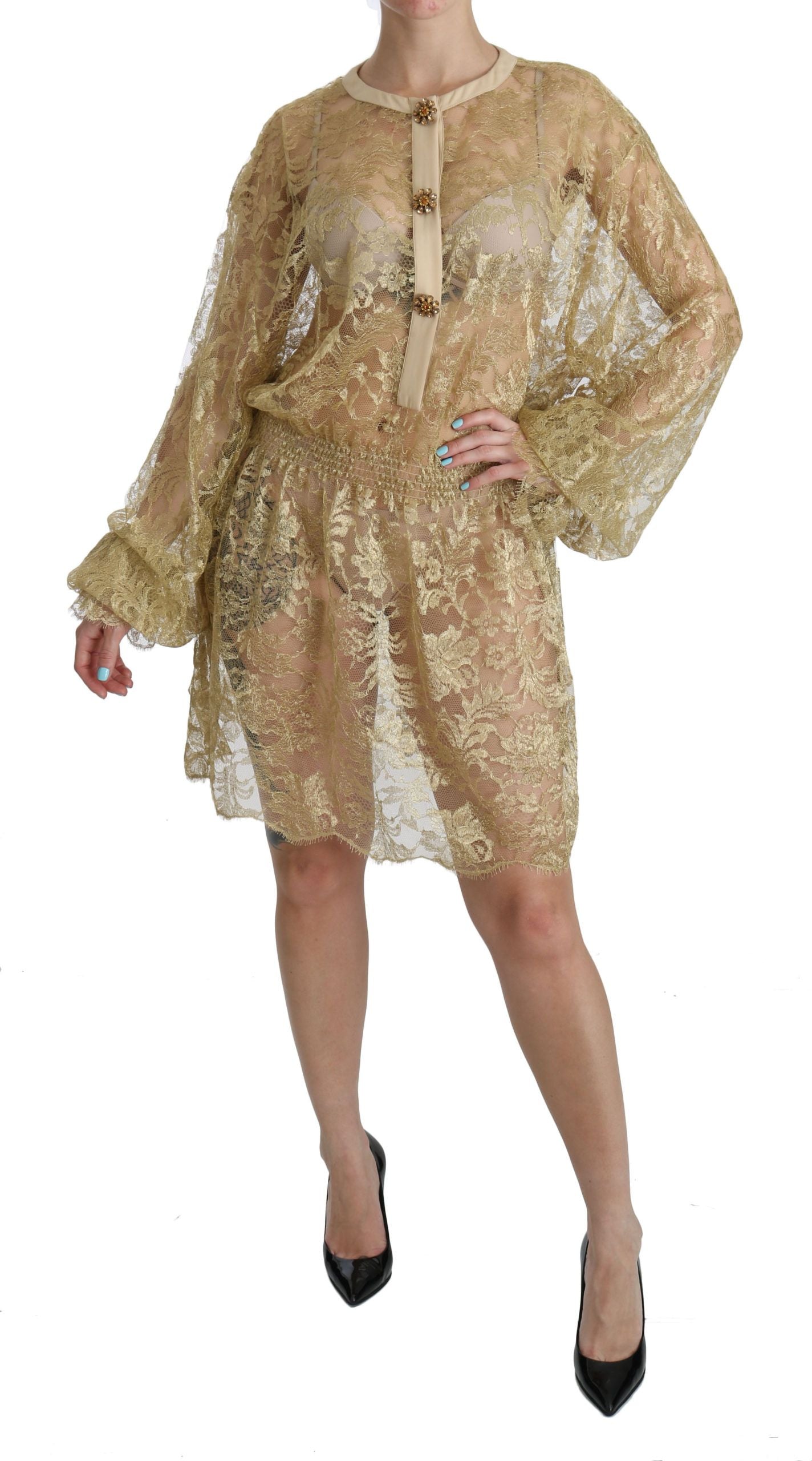 Dolce &amp; Gabbana Gold Lace See Through A-Line Knee Length Dress