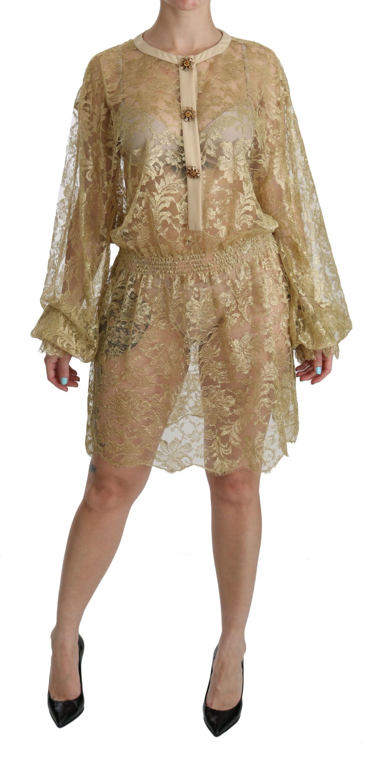 Dolce &amp; Gabbana Gold Lace See Through A-Line Knee Length Dress