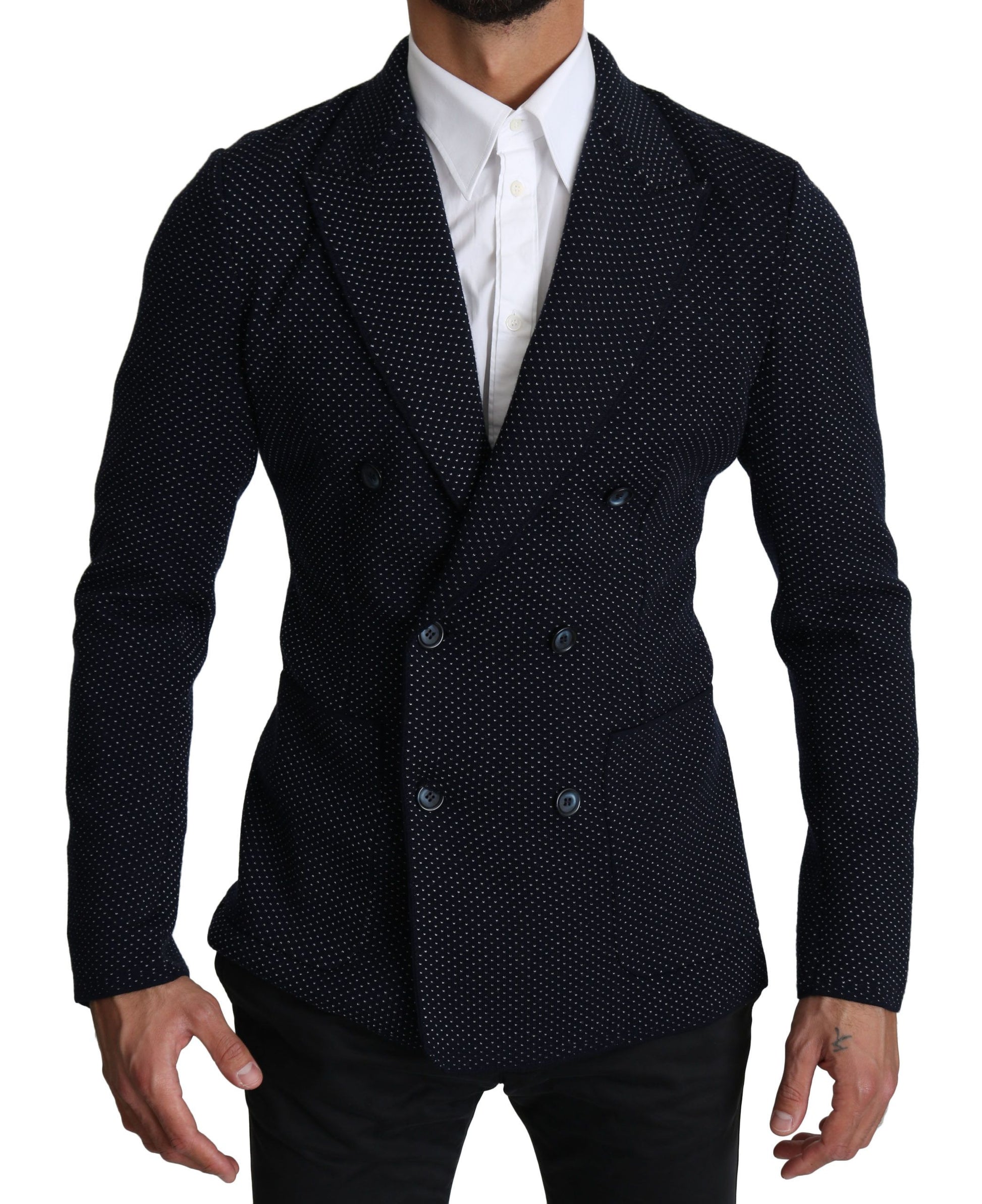 Dolce & Gabbana Dark Blue Dotted Double Breasted Coat Blazer by Dolce & Gabbana