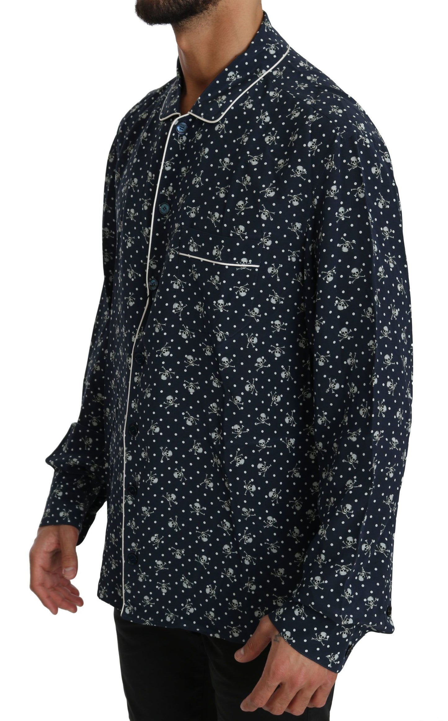 Dolce & Gabbana Blue Skull Print Silk Top Sleepwear Shirt by Dolce & Gabbana