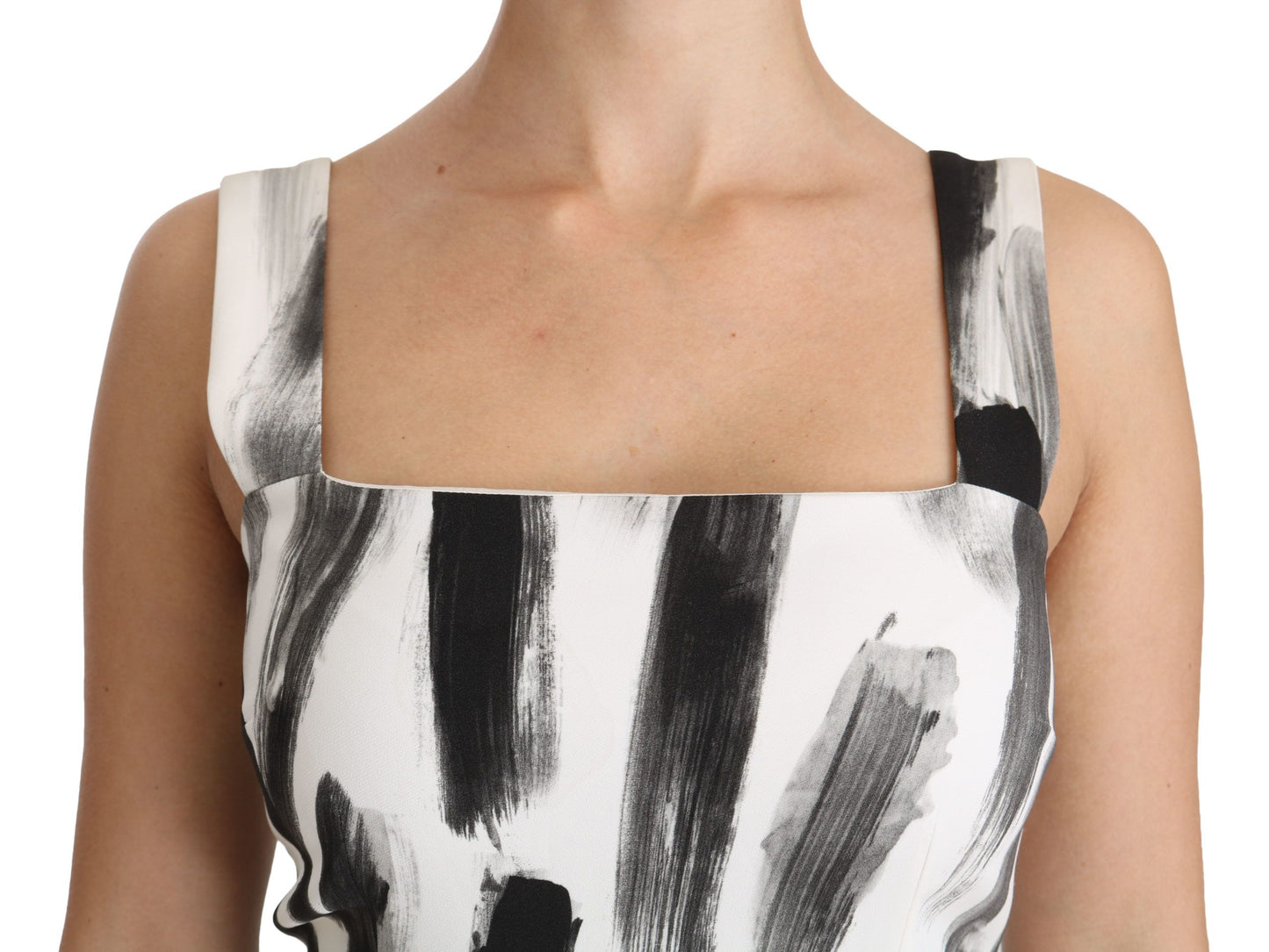 Dolce &amp; Gabbana White Black Printed Sheath Midi Viscose Dress