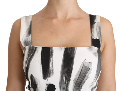 Dolce &amp; Gabbana White Black Printed Sheath Midi Viscose Dress