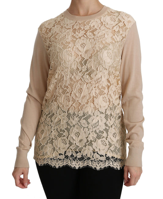Dolce &amp; Gabbana Élégant chemisier en cachemire à col ras du cou en dentelle beige