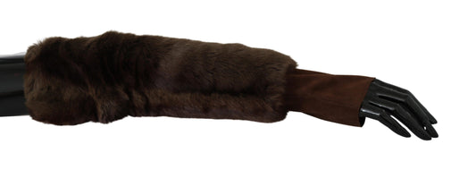 Gants élégants en fourrure et cuir marron Dolce &amp; Gabbana, longueur coude