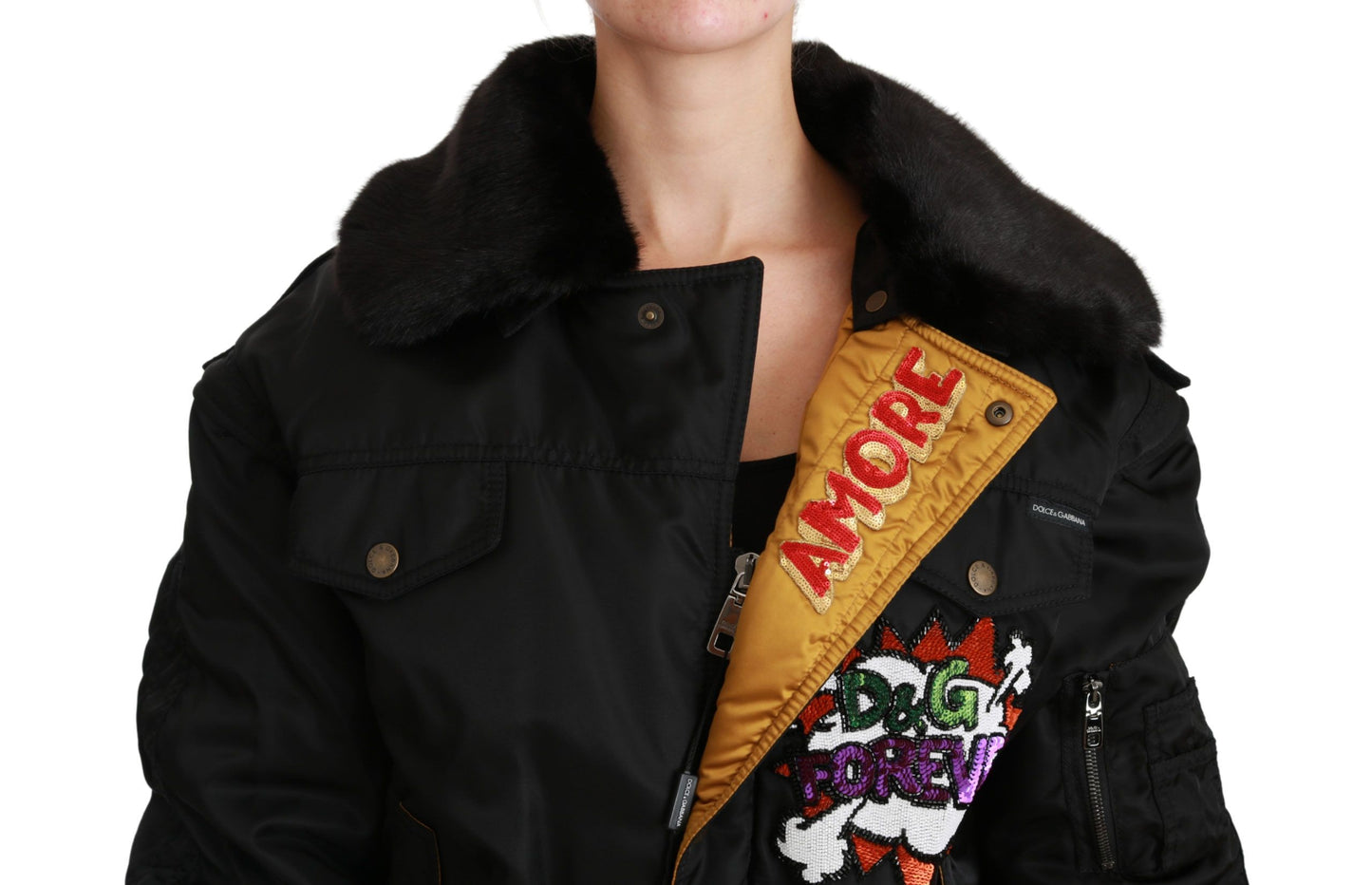 Dolce &amp; Gabbana - Élégant blouson aviateur noir avec éléments détachables