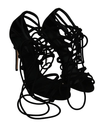 Dolce &amp; Gabbana Black Suede Strap Stilettos Shoes Sandals
