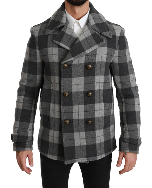 Dolce &amp; Gabbana élégant manteau croisé à carreaux gris