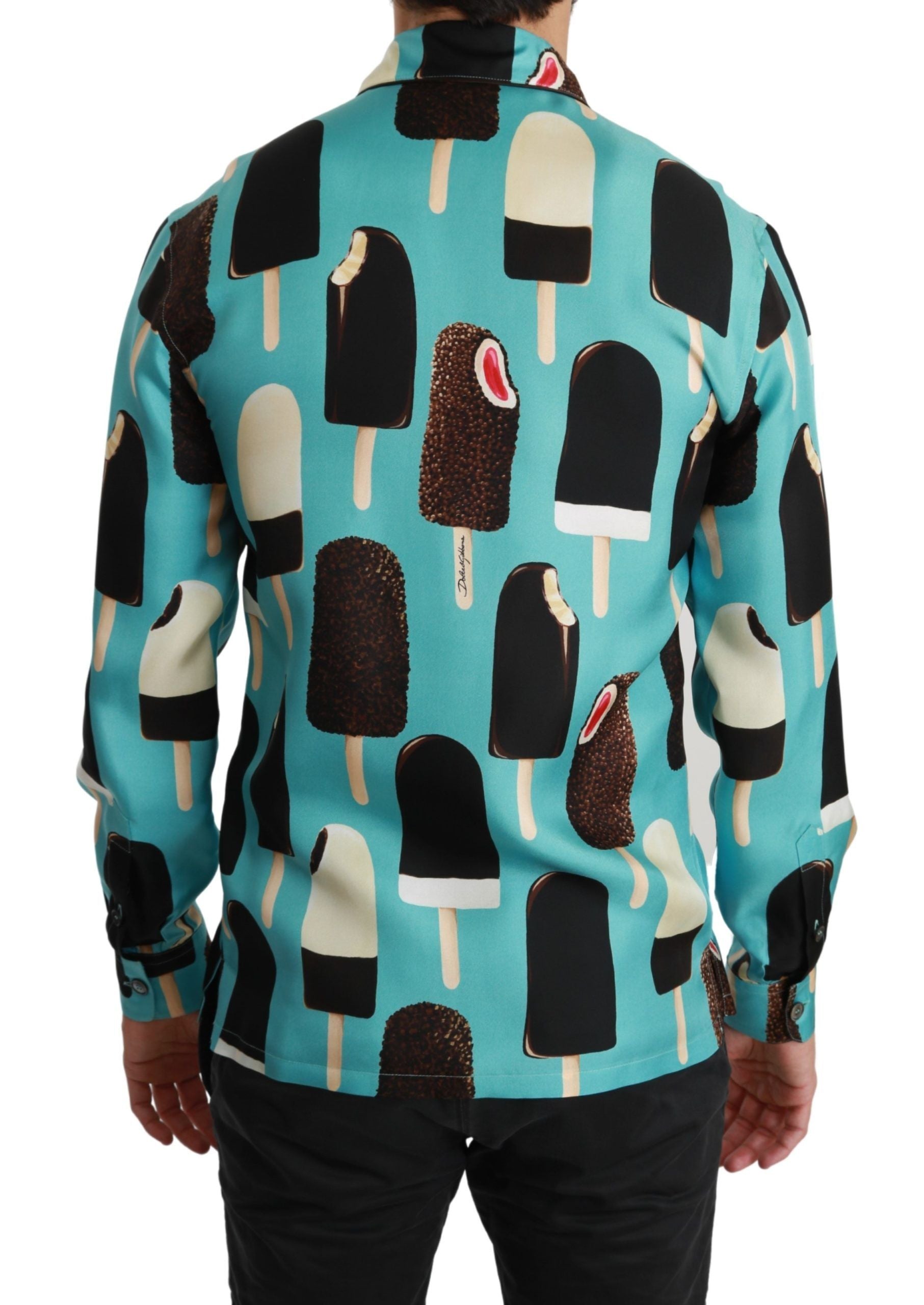 Dolce & Gabbana Blue Silk Ice Cream Print Casual Shirt by Dolce & Gabbana