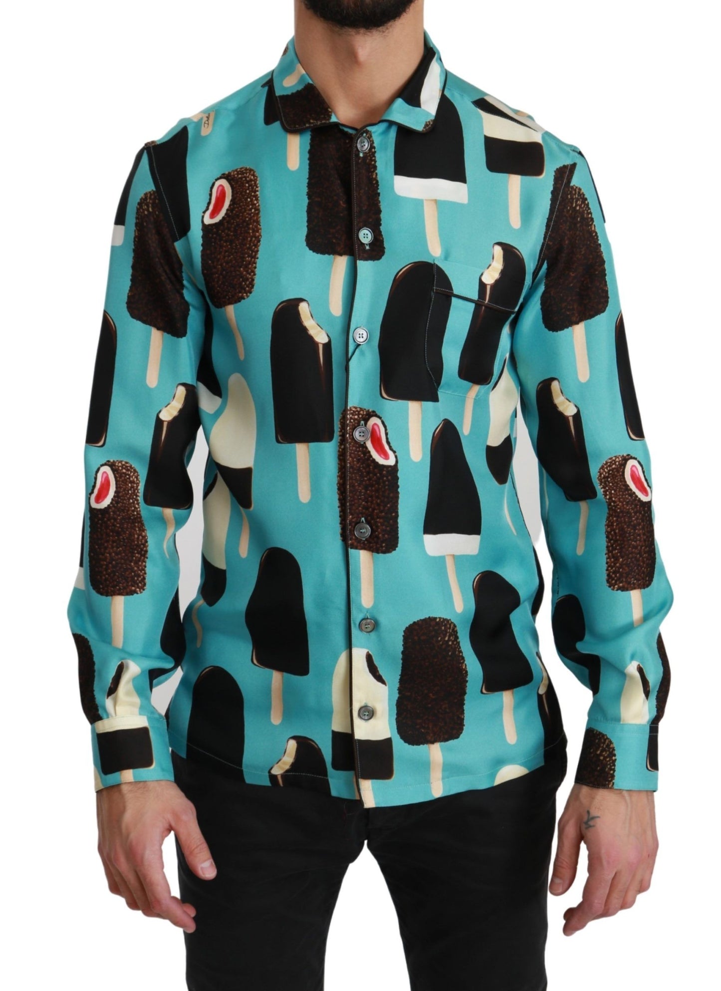 Dolce & Gabbana Blue Silk Ice Cream Print Casual Shirt by Dolce & Gabbana