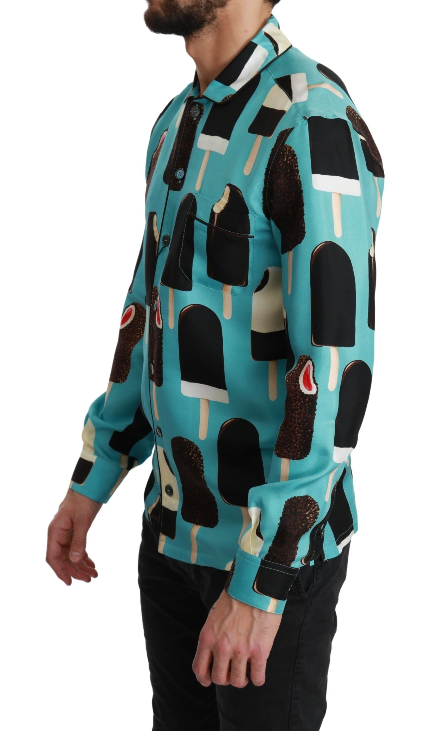 Dolce & Gabbana Blue Silk Ice Cream Print Casual Shirt by Dolce & Gabbana