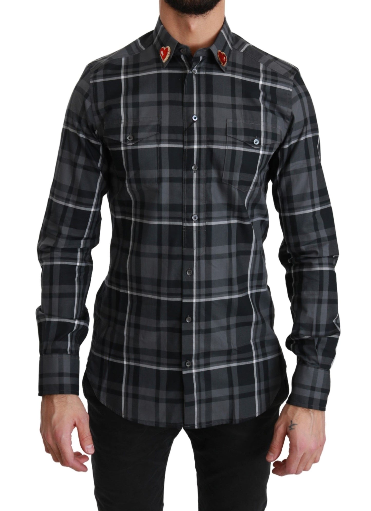 Dolce & Gabbana Gray Checkered Heart Collar MARTINI Shirt by Dolce & Gabbana
