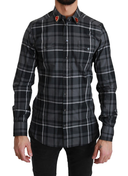 Dolce & Gabbana Gray Checkered Heart Collar MARTINI Shirt by Dolce & Gabbana