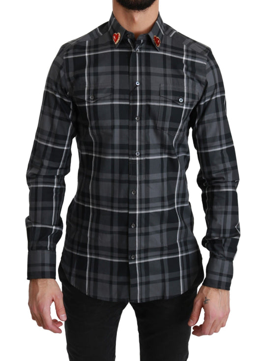 Dolce & Gabbana Gray Checkered Heart Collar MARTINI Shirt by Dolce & Gabbana