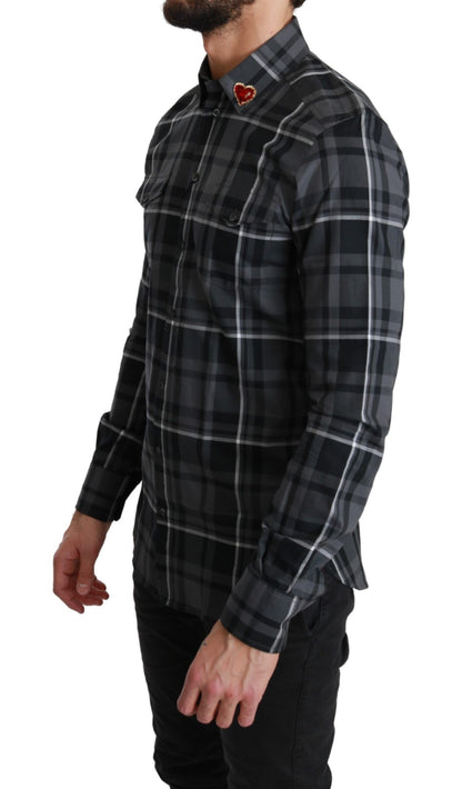 Dolce & Gabbana Gray Checkered Heart Collar MARTINI Shirt by Dolce & Gabbana