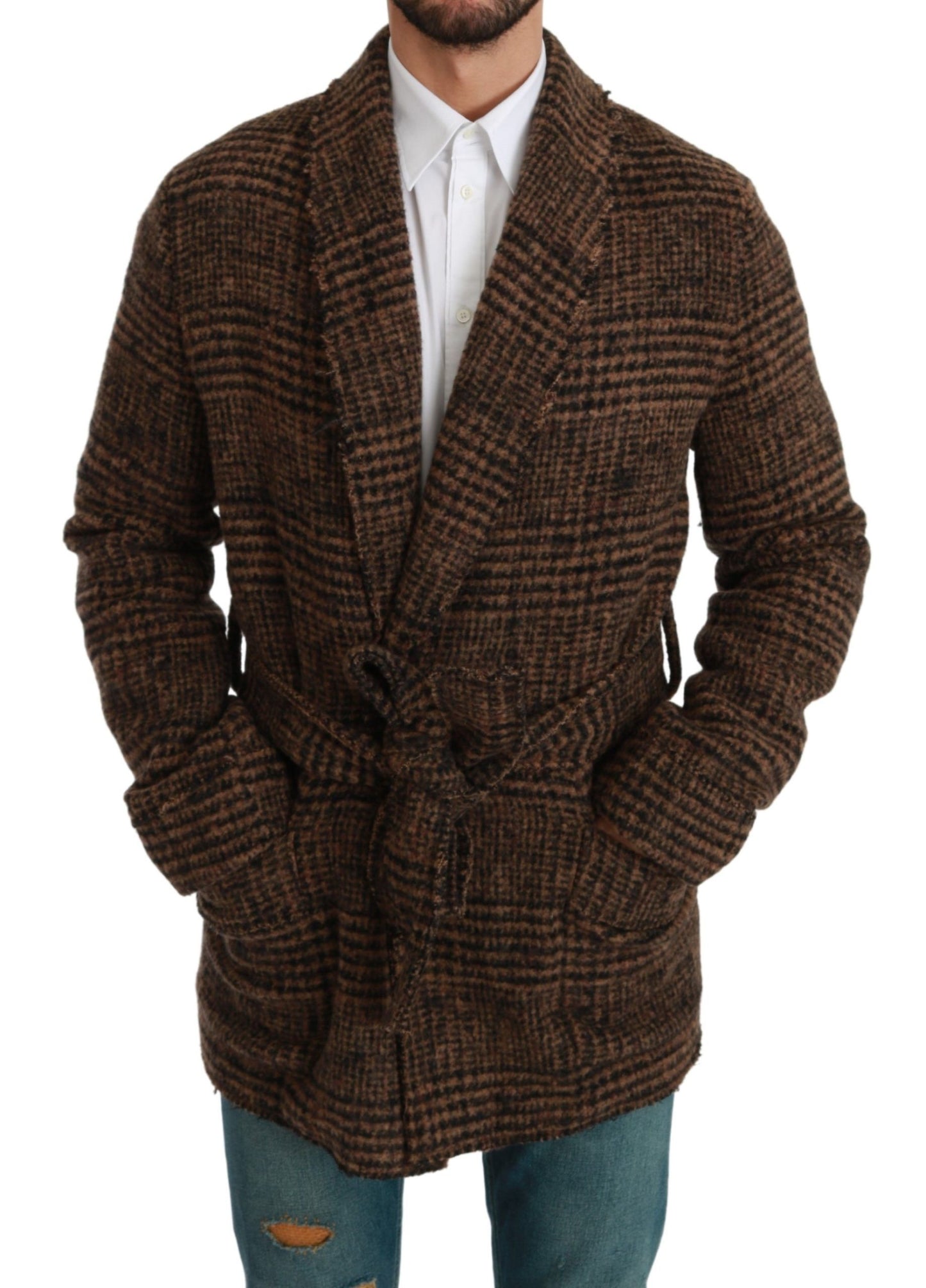 Dolce &amp; Gabbana Élégante veste cape ceinturée en mélange d'alpaga marron