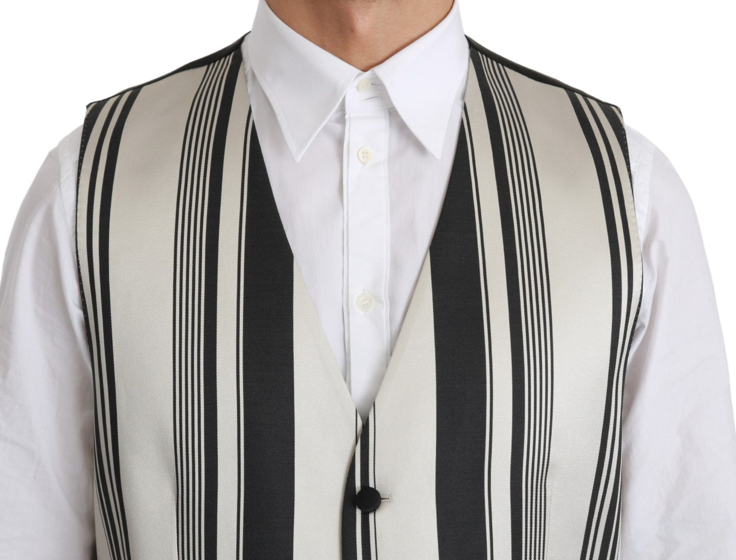 Dolce &amp; Gabbana White Black Stripes Waistcoat Formal Vest