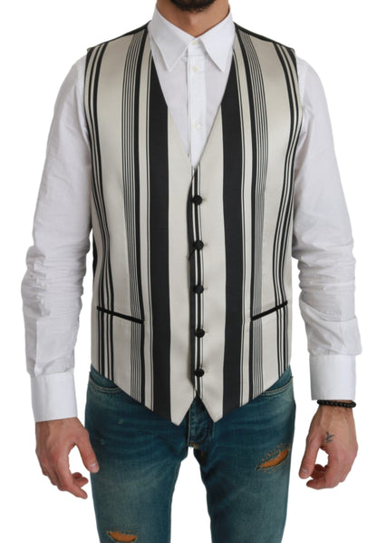 Dolce &amp; Gabbana White Black Stripes Waistcoat Formal Vest