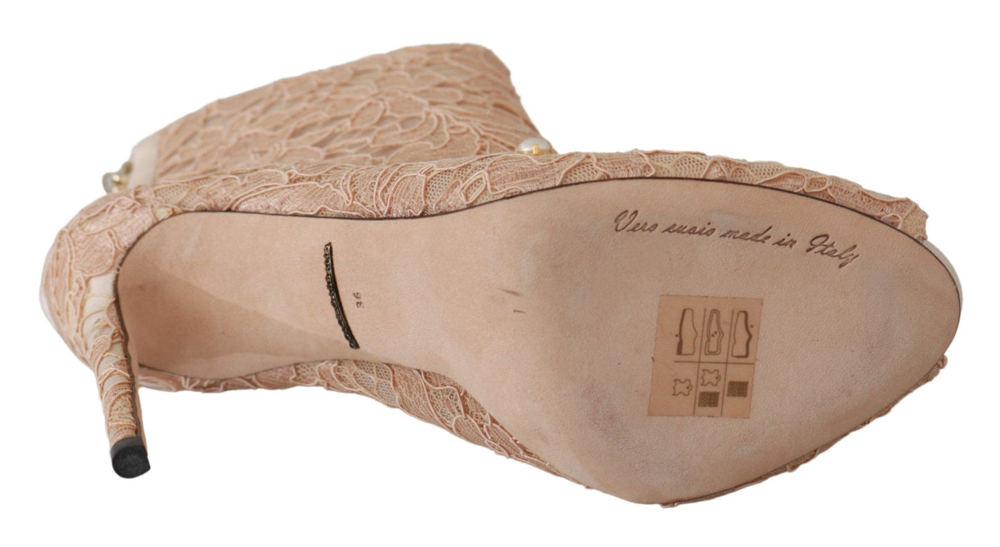 Dolce &amp; Gabbana Pink Crystal Lace Booties Stilettos Shoes