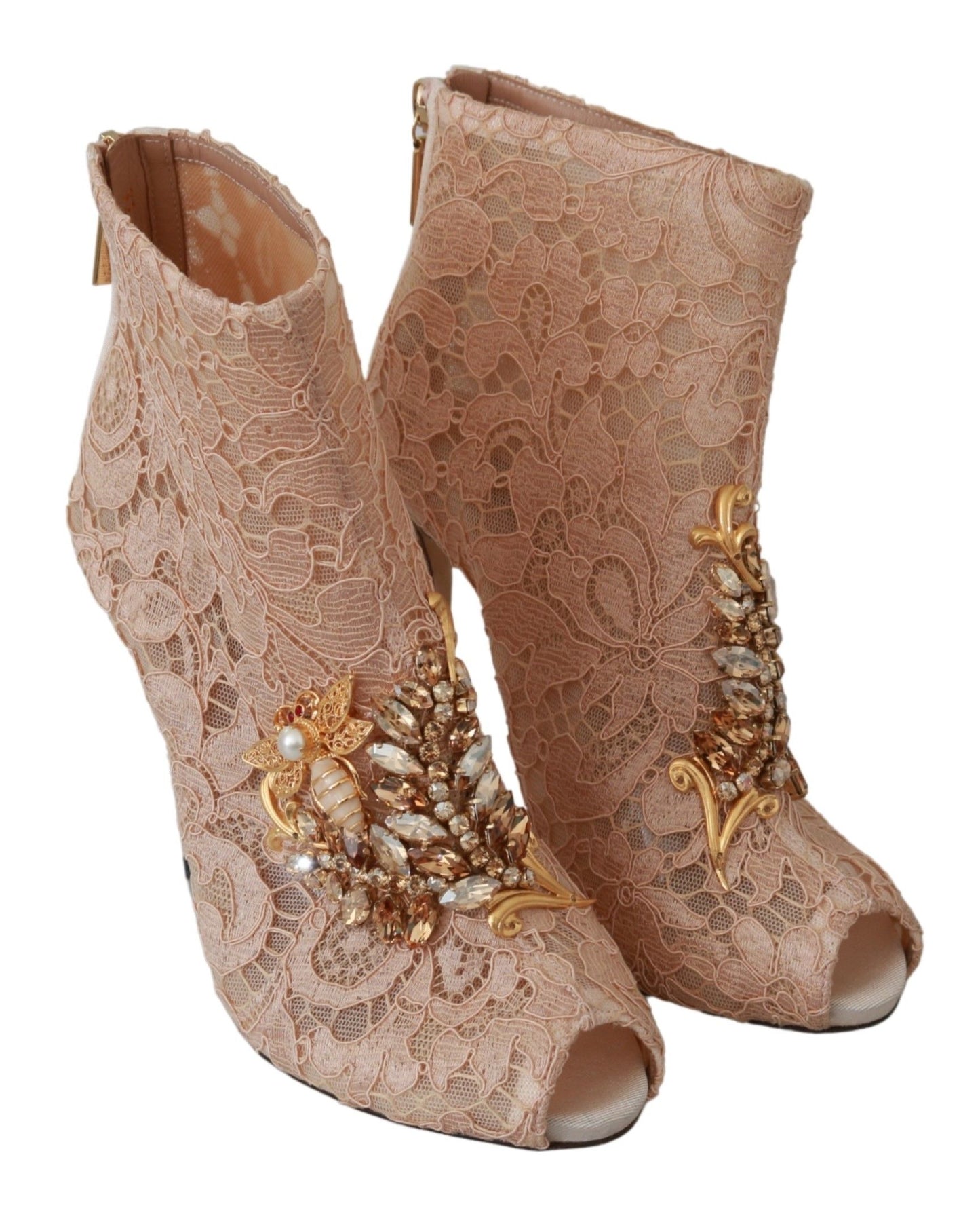 Dolce &amp; Gabbana Pink Crystal Lace Booties Stilettos Shoes